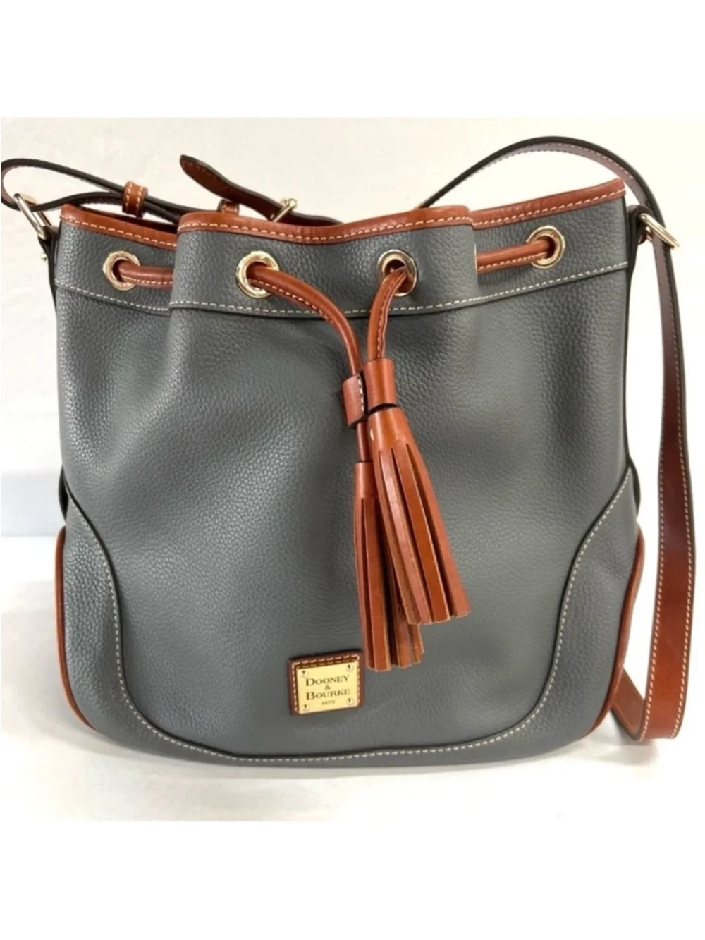 Dooney & Bourke Pebble Grain Gray Leather Drawstring Crossbody